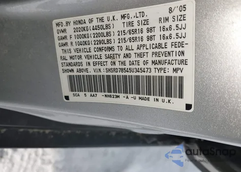 2005 Honda Cr-V Lx из США, поврежденный, VIN SHSRD78545U345473